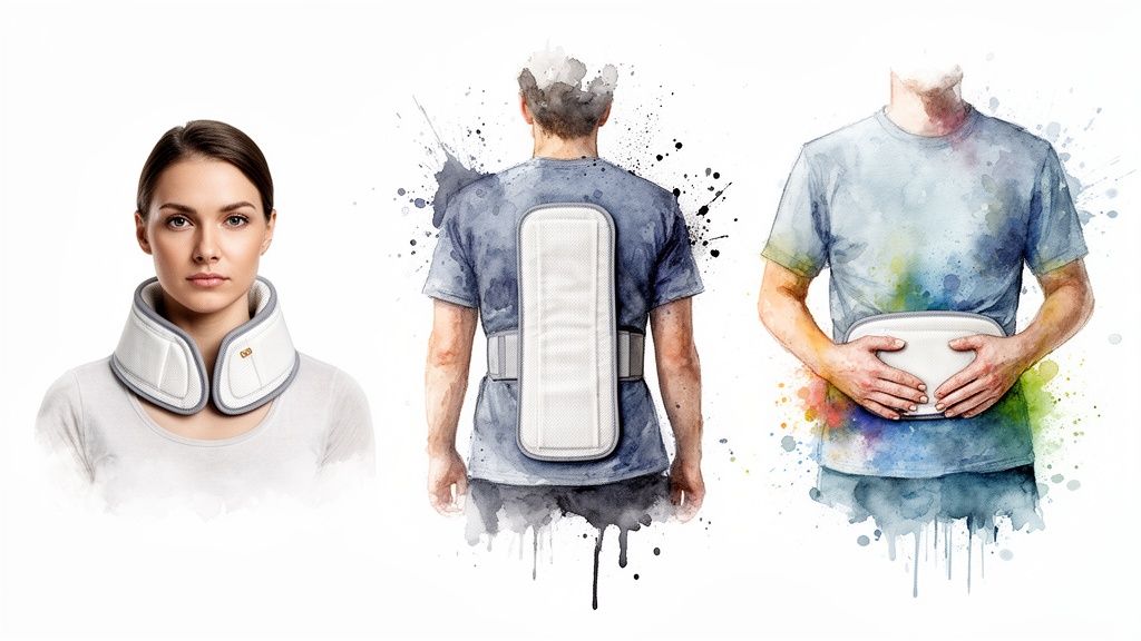 Watercolor illustrations depict a woman with a neck brace and individuals with back and abdominal support devices.