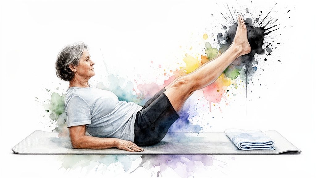 Elderly woman exercising on a yoga mat, doing a leg raise, with colorful watercolor background.