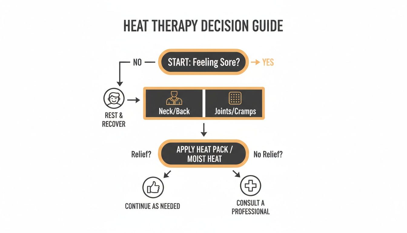 Flowchart guiding heat therapy for sore muscles, neck, back, joints, or cramps, and when to seek professional help.