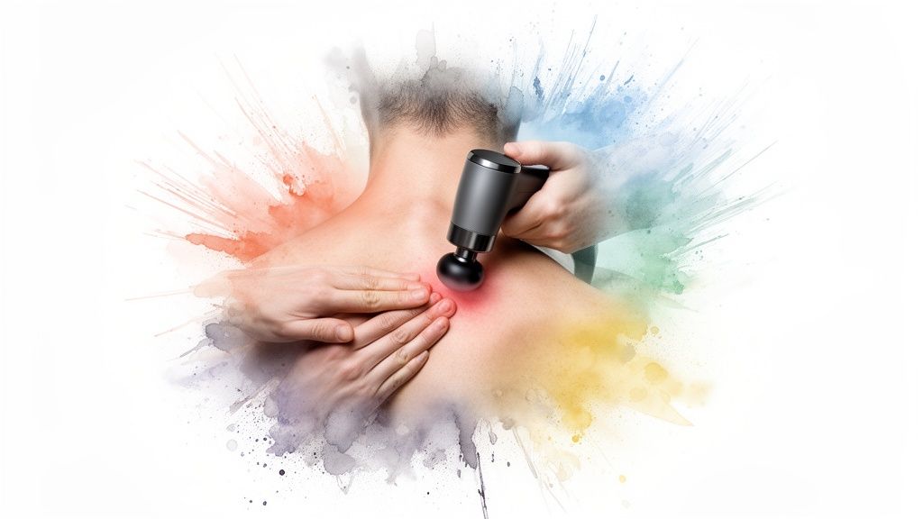 A massage gun being used on a person's upper back, targeting a red-glowing spot, with colorful watercolor effects.