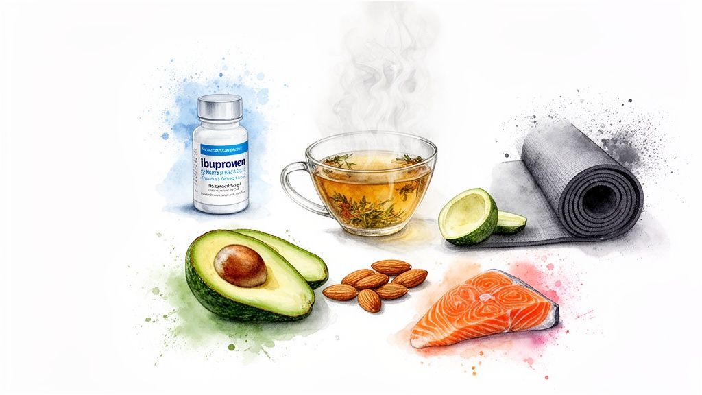 Watercolor illustration showing ibuprofen, herbal tea, avocado, almonds, salmon, lime, and a yoga mat, representing health and wellness.
