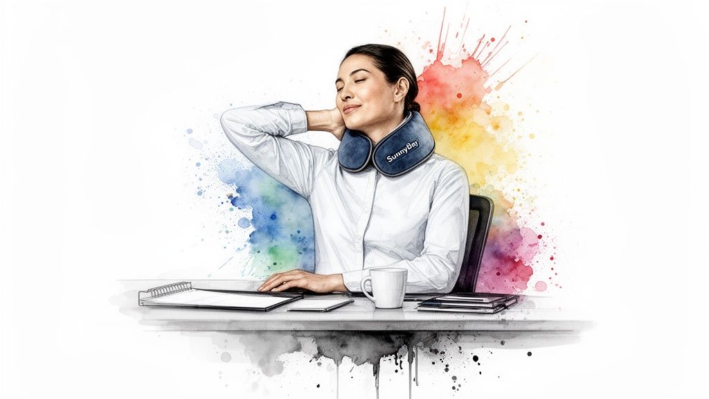 A woman in a white shirt wearing a neck pillow relaxes at at her desk, stretching her neck.