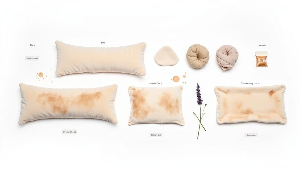 An assortment of flaxseed heat packs in various shapes and sizes, displayed with a lavender sprig.