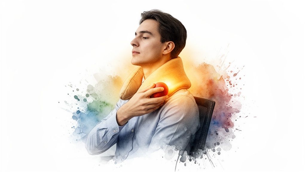 Man wearing a warm neck wrap with an orange glow, holding a red ball for shoulder relief.