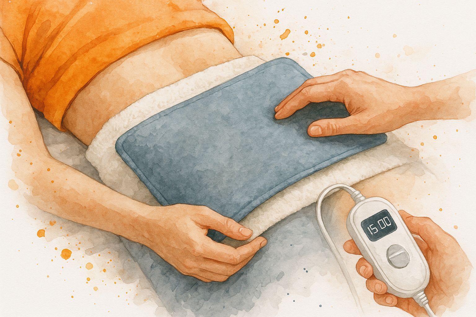 A person applies a blue heating pad to their abdomen while holding the controller set to 15 minutes.