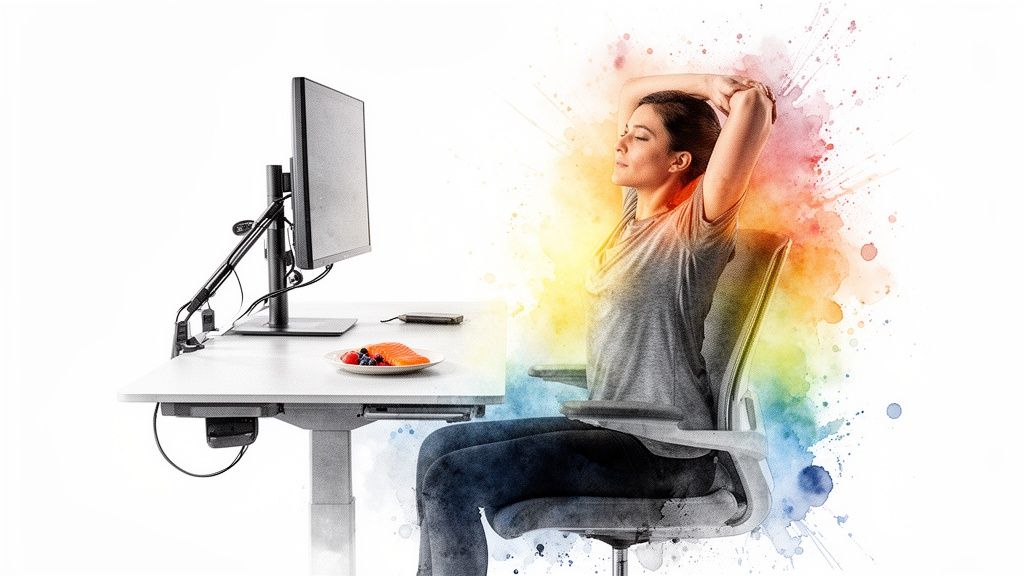 A woman stretches comfortably in an ergonomic office chair at a desk with a monitor and healthy food.