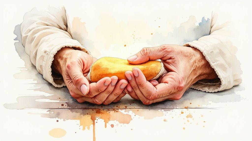 Two hands gently hold a warm, golden object against a soft watercolor background, suggesting comfort.