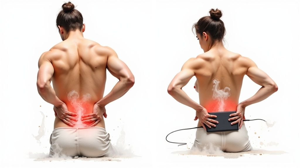 A man with lower back pain contrasted with a woman using a heating pad for relief.