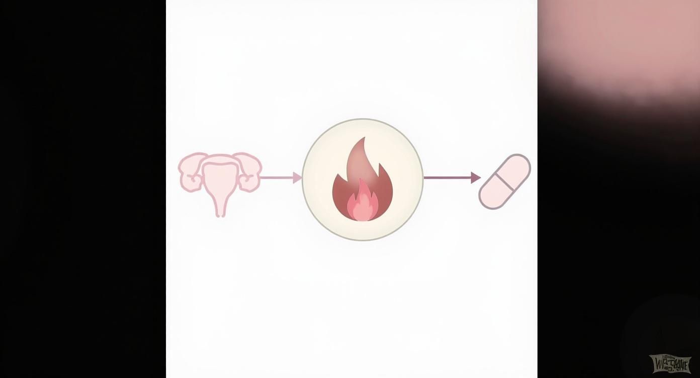 Diagram illustrating a uterus, a flame icon symbolizing pain, and a pill representing relief from period cramps.