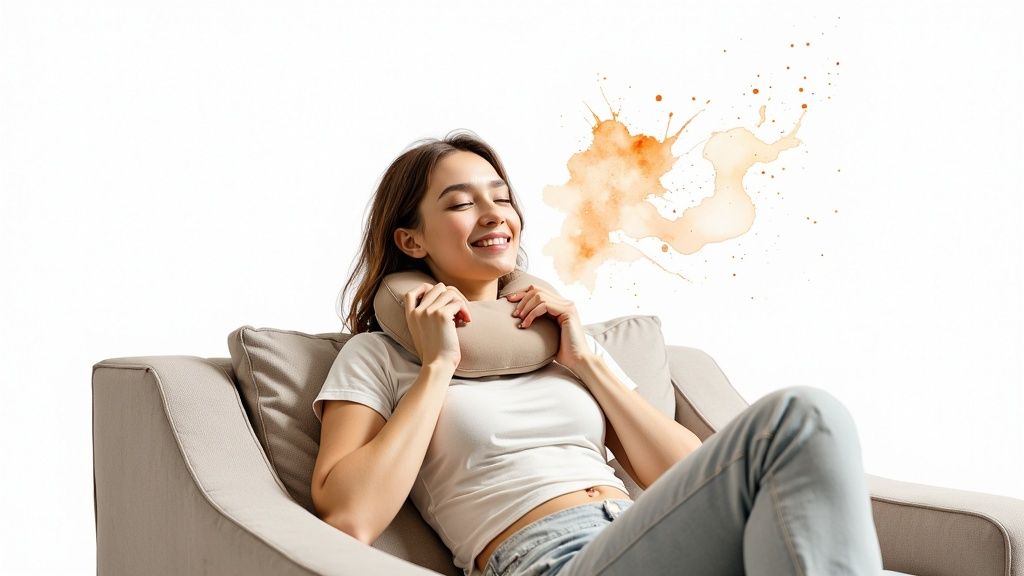 A person using a heating pad on their neck and shoulder for comfort.