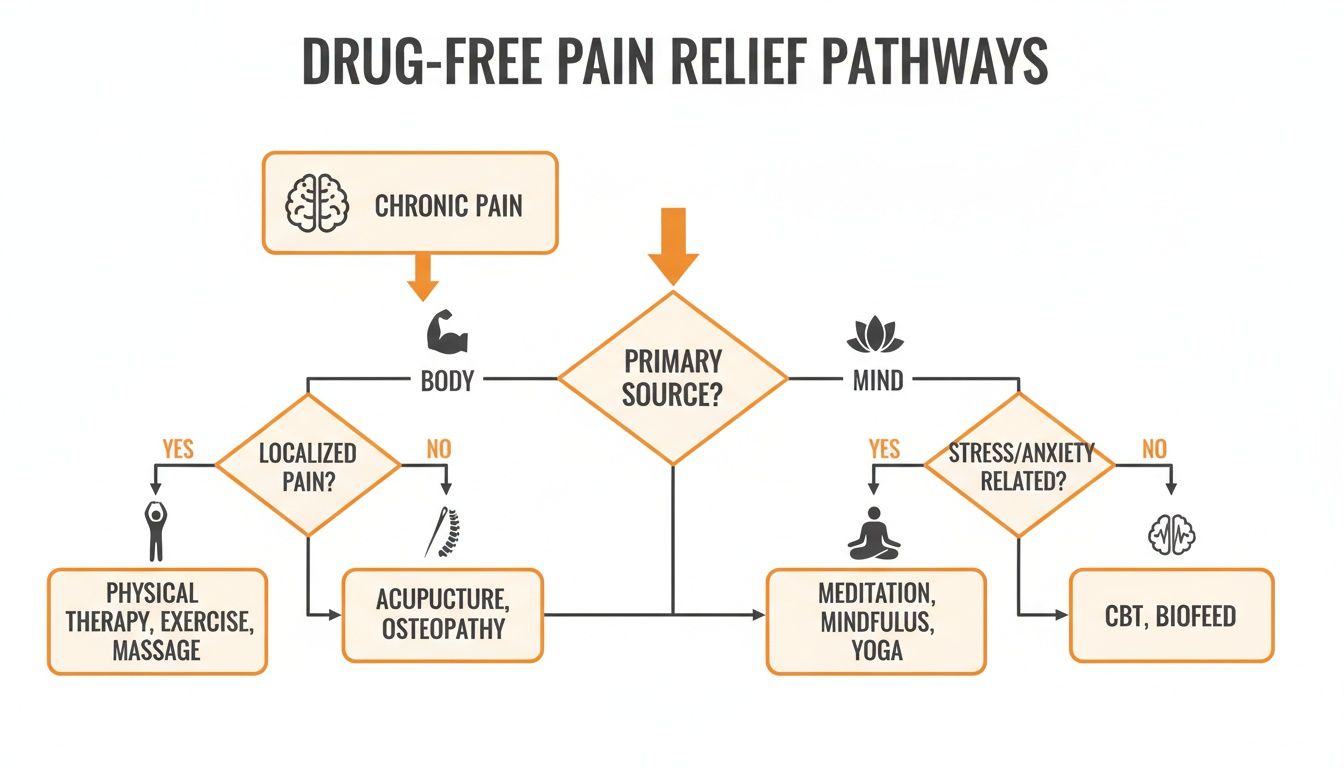 Flowchart illustrating drug-free chronic pain relief pathways, categorizing treatments by primary source like body or mind.