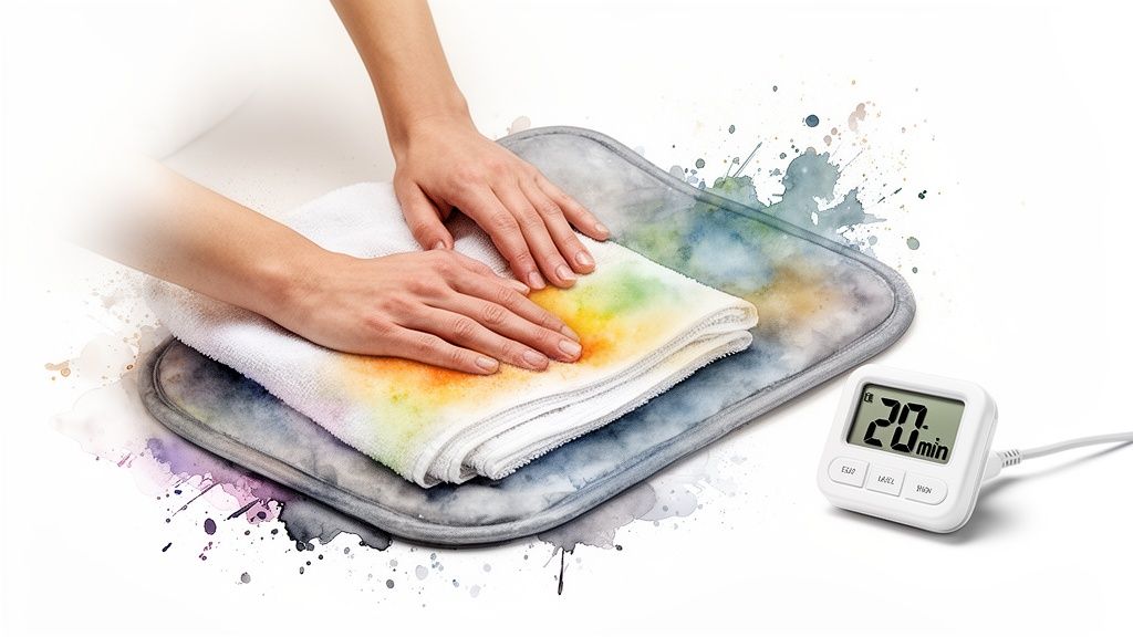 Hands pressing a stained towel onto a gray mat next to a digital timer showing 20 minutes.