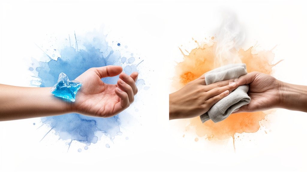 Hands applying ice pack and warm compress for pain relief, illustrating hot and cold therapy.