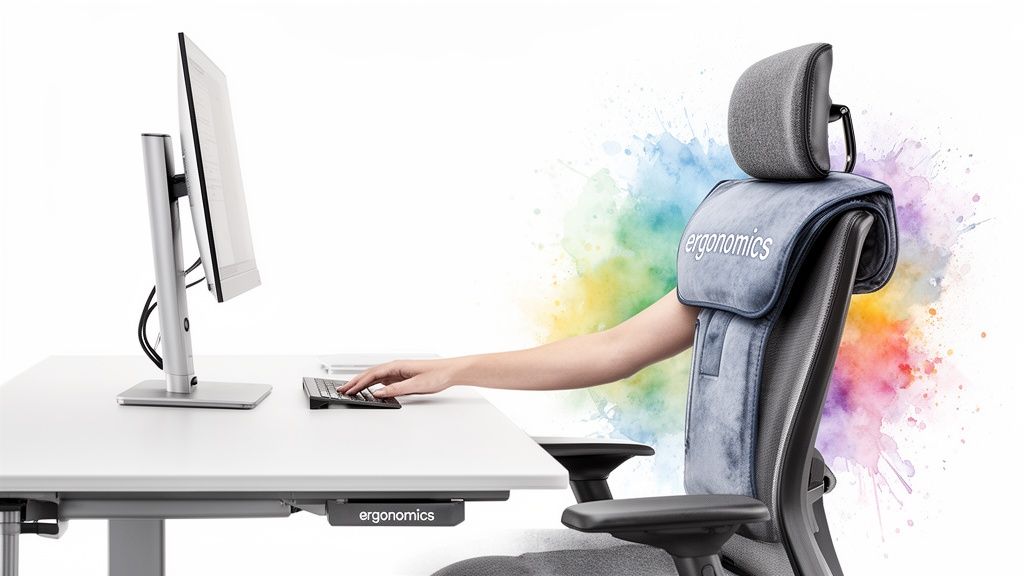 A person's arm on a keyboard at an ergonomic desk setup with a chair and monitor.
