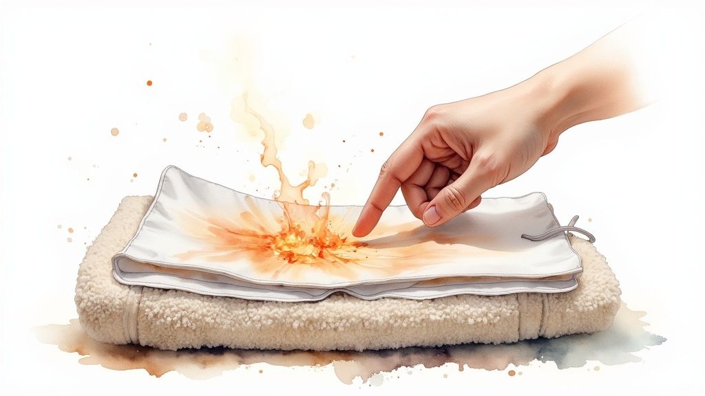 Woman safely using a heating pad with a towel barrier on her lower back