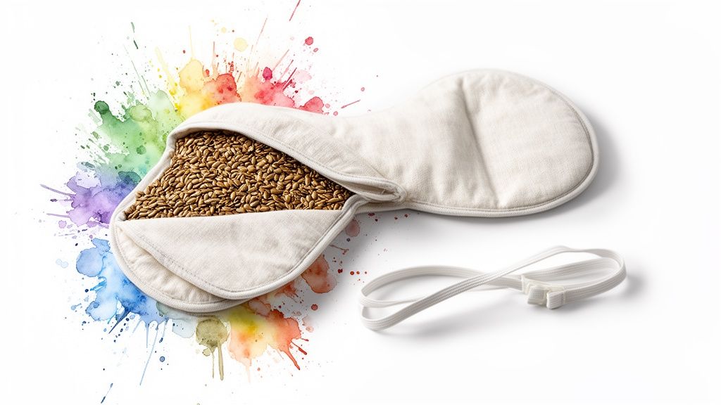 Natural seed-filled heating pad or eye mask with elastic band on a vibrant watercolor background.