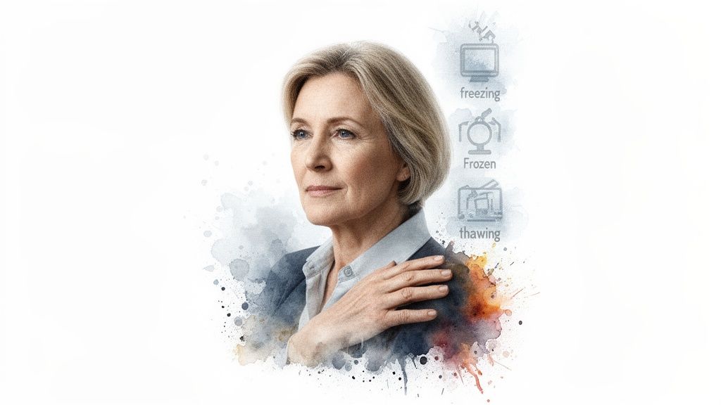 A thoughtful woman with her hand on her shoulder, next to icons for freezing, frozen, and thawing.