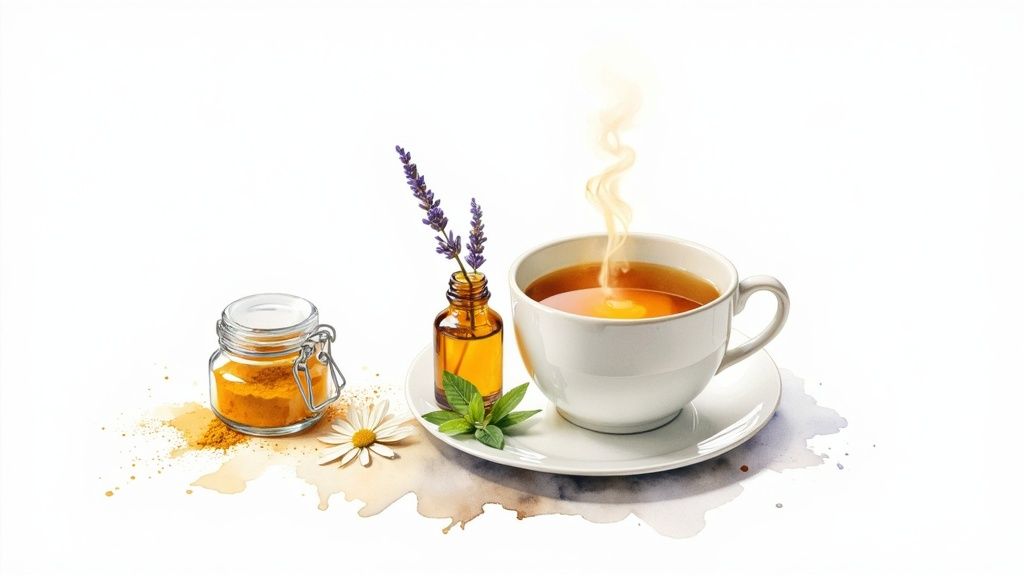 A collection of dried herbs like chamomile and lavender in bowls.