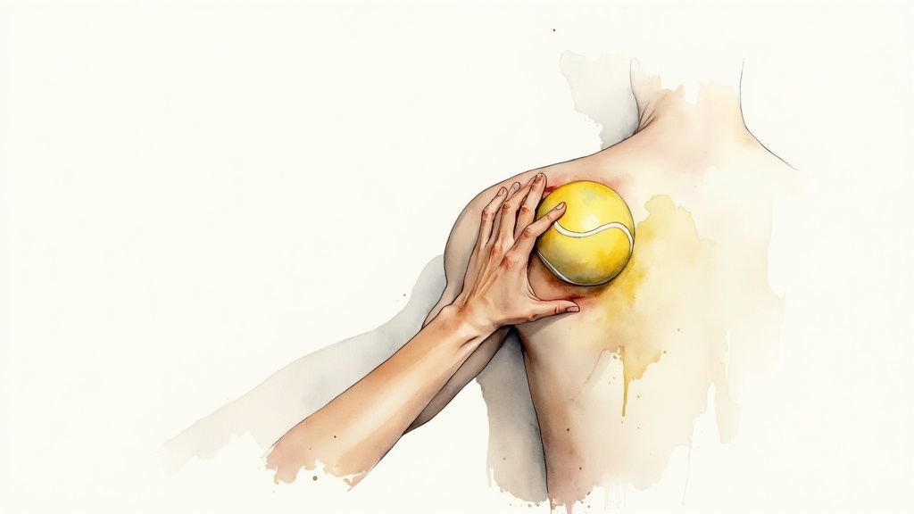 A person massaging their own shoulder to relieve muscle tension.