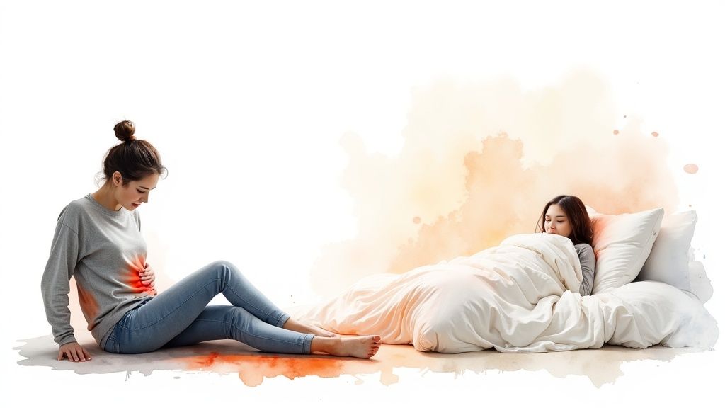 A person relaxing with a heating pad on their lower back.