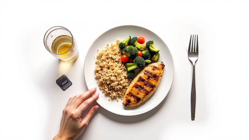 A plate with grilled chicken, bulgur, broccoli, and cherry tomatoes, a glass of water, and a person's hand.