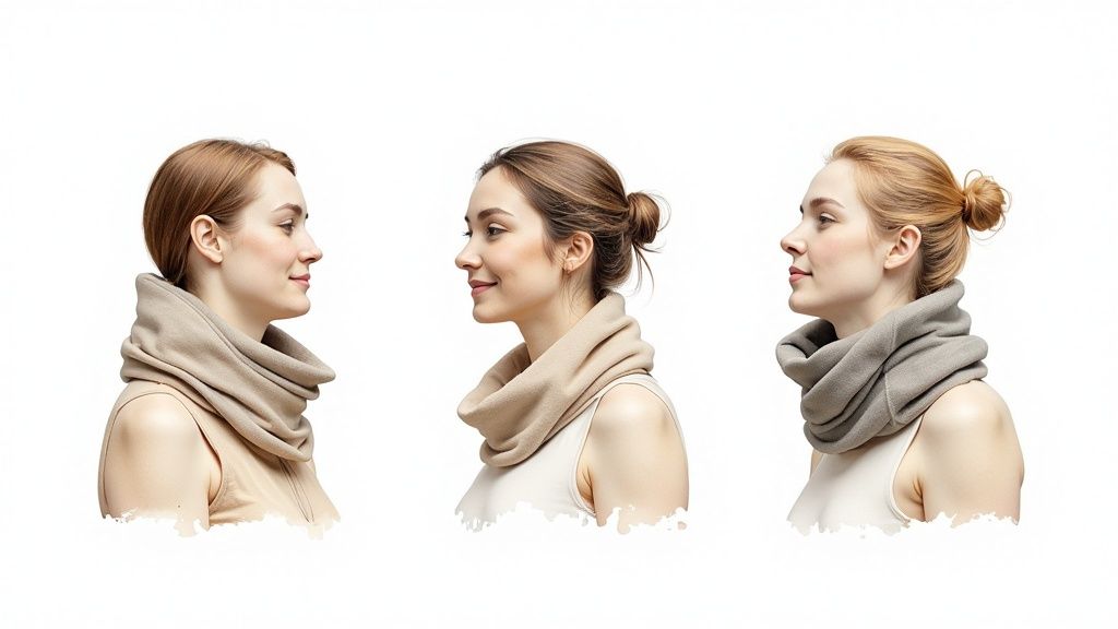 A person comparing different types of heatable neck warmers on a table.
