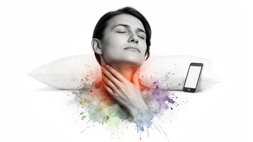 A person with closed eyes holds their neck, showing a red glow for pain, resting on a pillow near a smartphone.