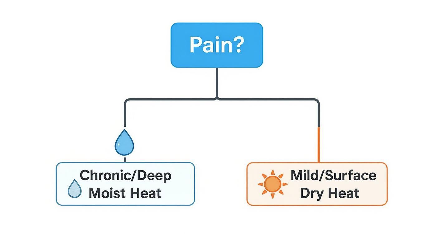 Flowchart guiding heat therapy for pain: moist heat for chronic/deep pain, dry heat for mild/surface pain.