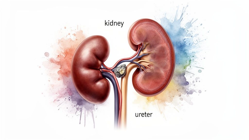 An illustration of human kidneys and ureters, with a kidney stone blocking the ureter, causing pain.
