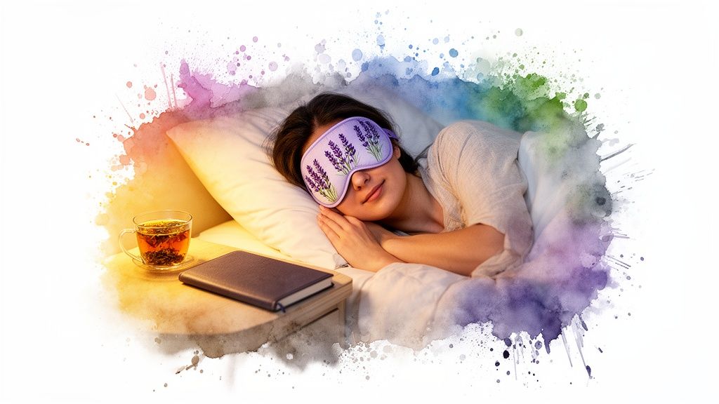 A woman sleeps peacefully with a lavender eye mask, beside a cup of tea and a book, amidst colorful watercolor splashes.