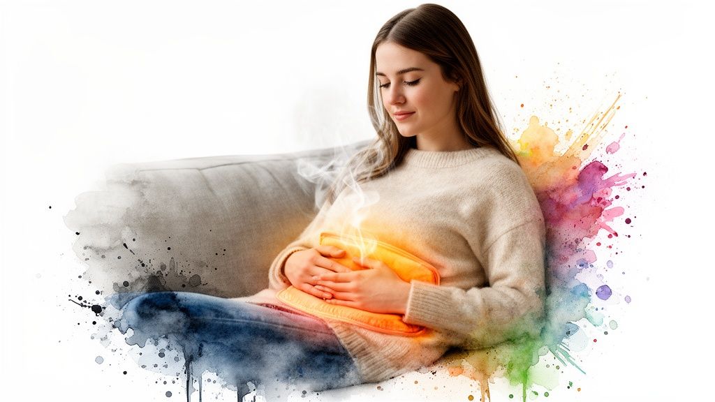 A young woman finds comfort using a glowing, steaming heat pack for menstrual pain relief, surrounded by watercolor.