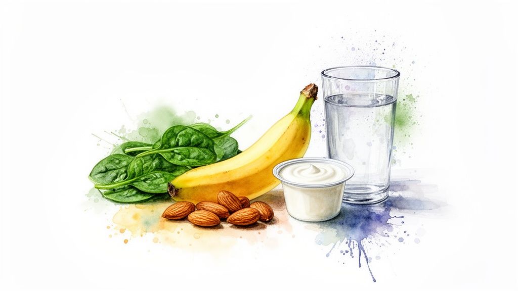 Ingredients for a healthy snack or smoothie: fresh spinach, a ripe banana, almonds, yogurt, and water.