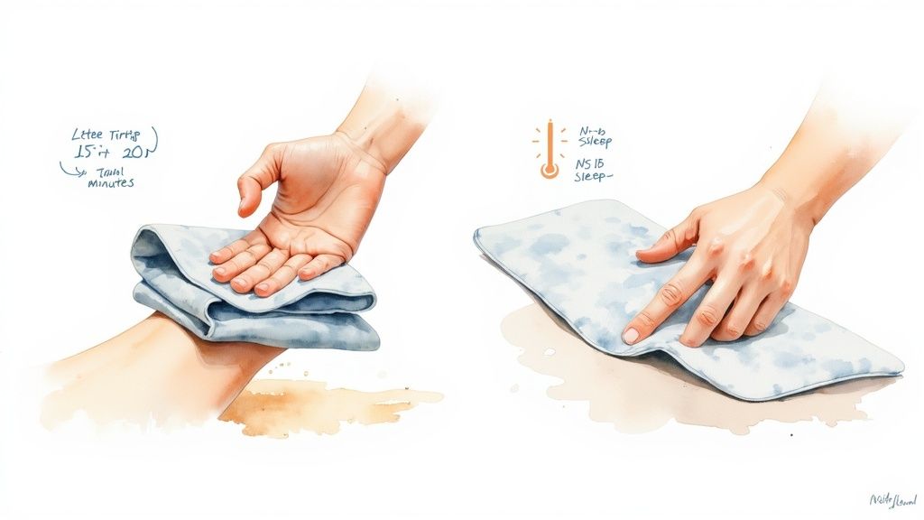 Two illustrations show hands applying a blue cloth, one for cold therapy for 15-20 minutes, the other for heat therapy.