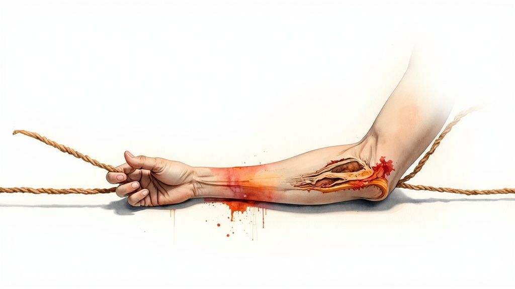 A graphic illustration of an arm with a severe elbow injury from a rope.