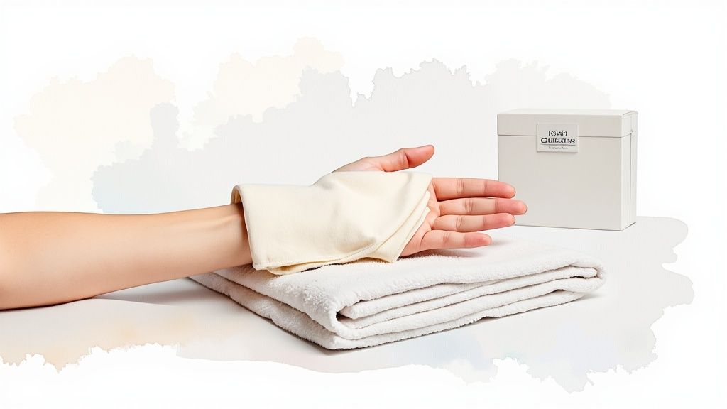 A pair of cozy, reusable hand warmers resting on a textured surface.