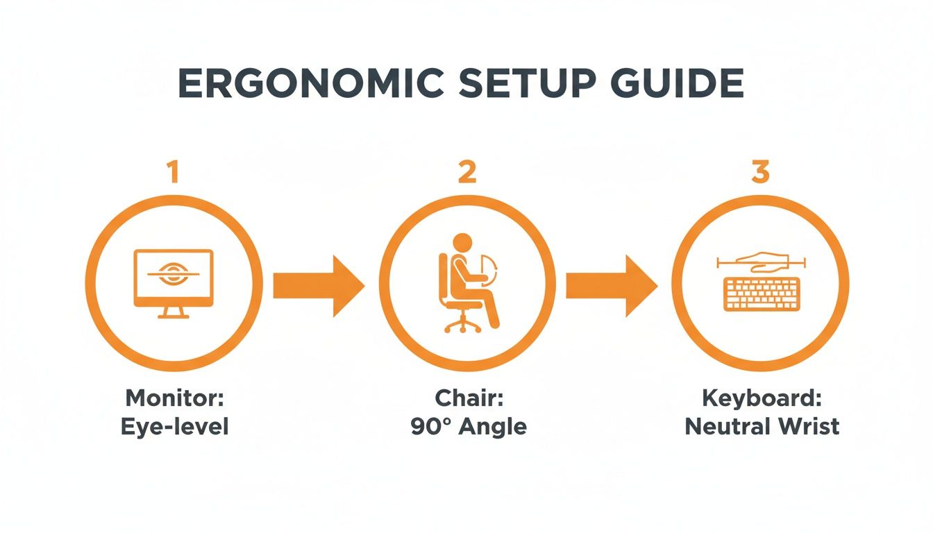 An ergonomic setup guide illustrating monitor eye-level, 90-degree chair angle, and neutral wrist keyboard use.