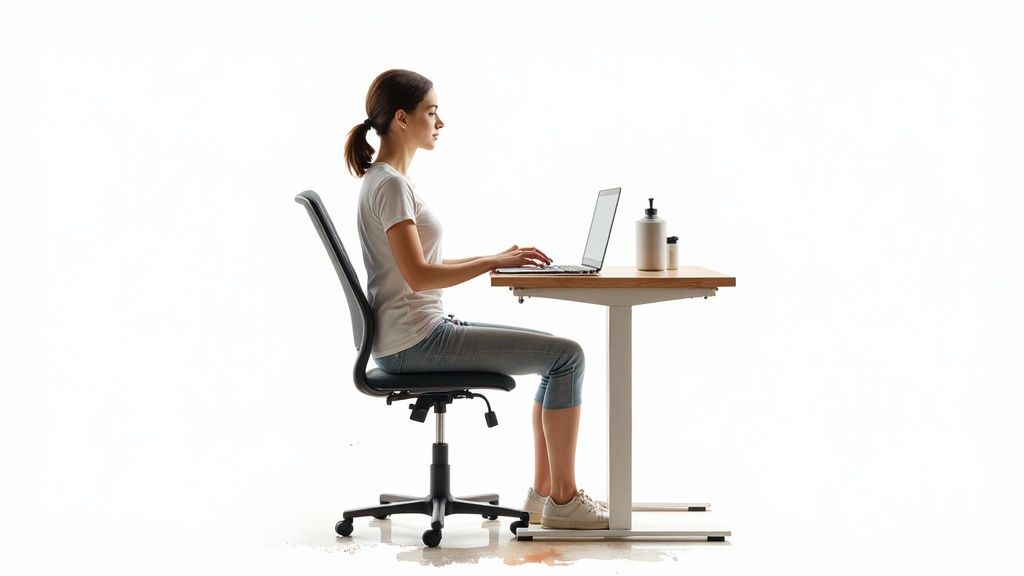A person working at an ergonomic desk setup with good posture.