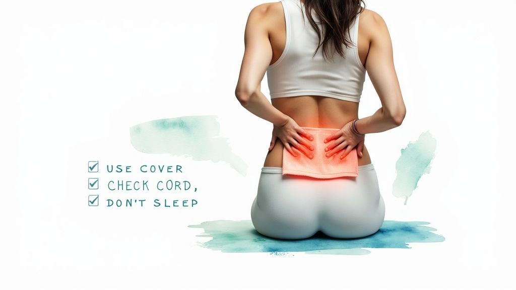 Woman applying a heating pad to her lower back for pain relief, with safety instructions visible.