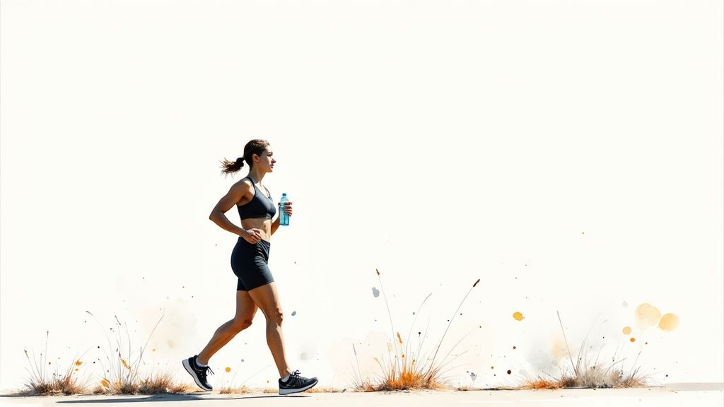 A fit woman jogging outdoors with a water bottle against a minimalist white background.