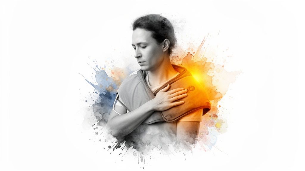 A person applying heat therapy to their painful right shoulder, highlighted by an orange glow.