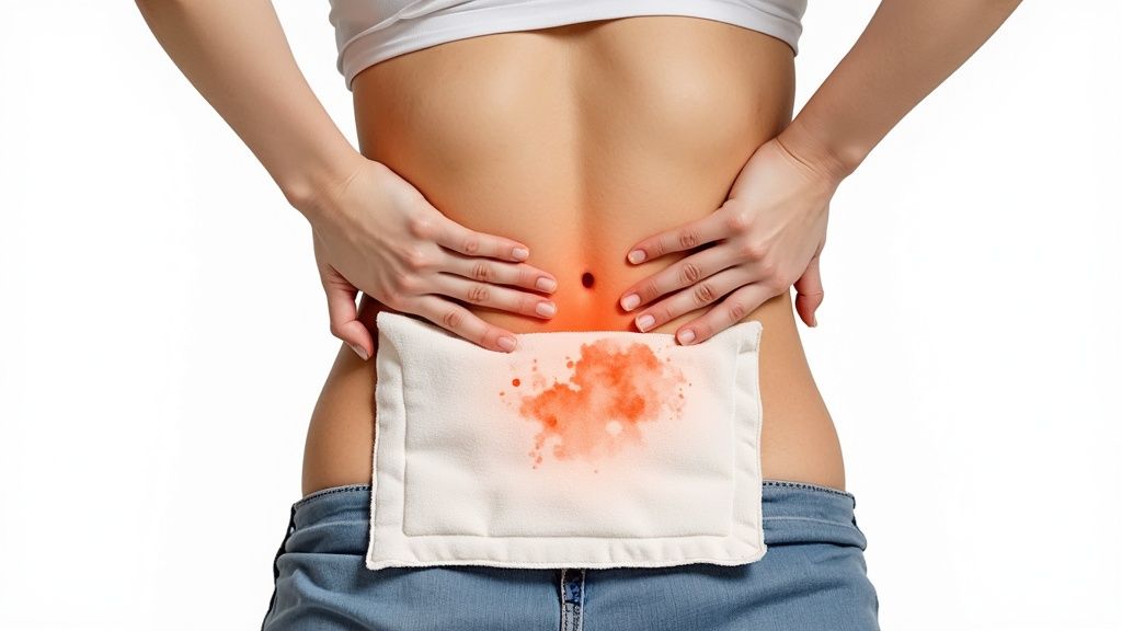 A pregnant woman is shown safely applying a heating pad to her lower back, with a towel as a barrier.