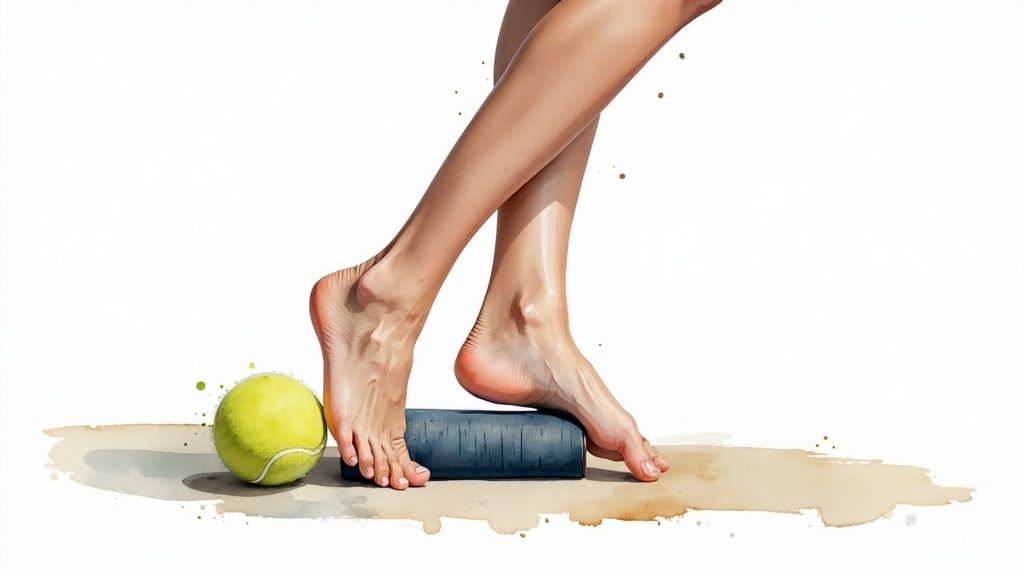 A person using a massage gun on their sore leg muscles.