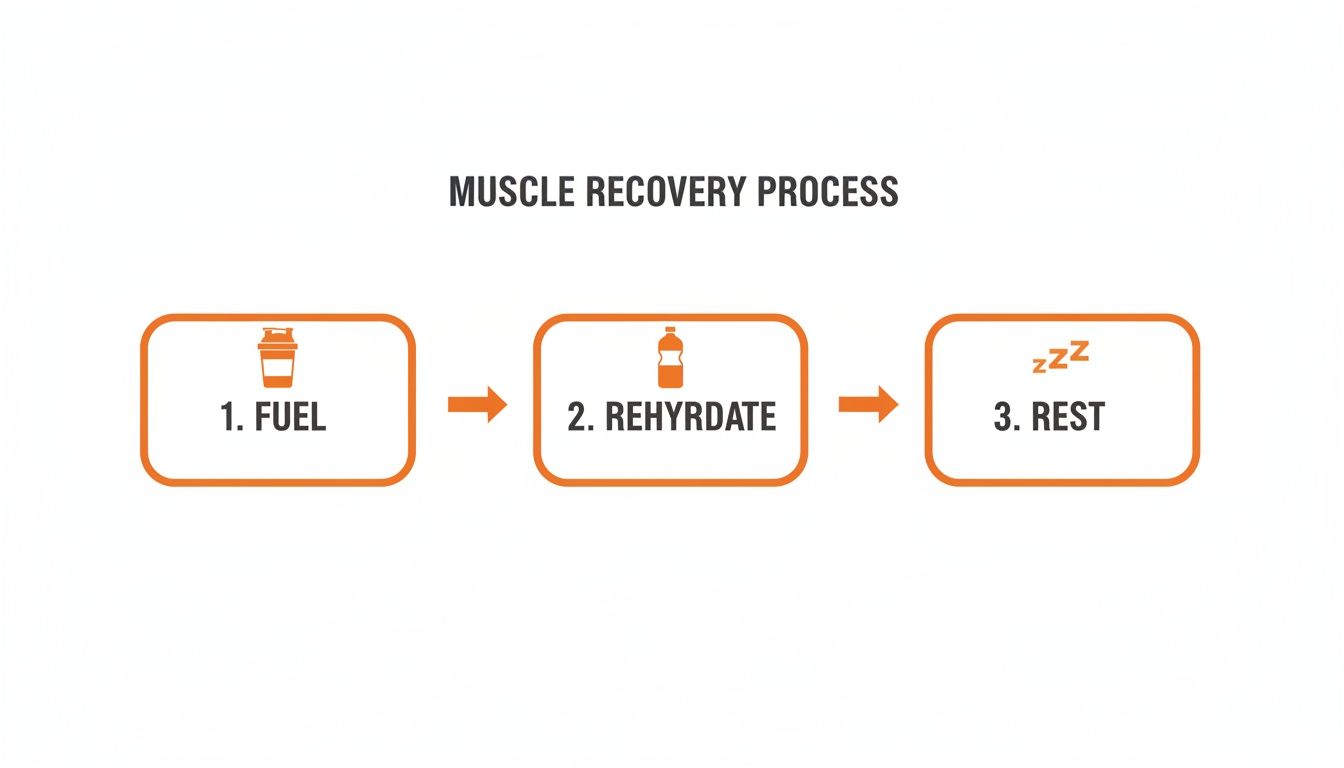 A simple infographic illustrates the three essential steps for muscle recovery: fuel, rehydrate, and rest.