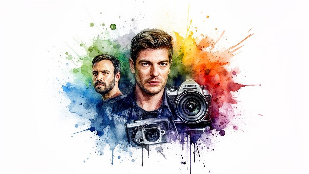 Two men and multiple vintage cameras amidst a colorful watercolor splash on a white background.