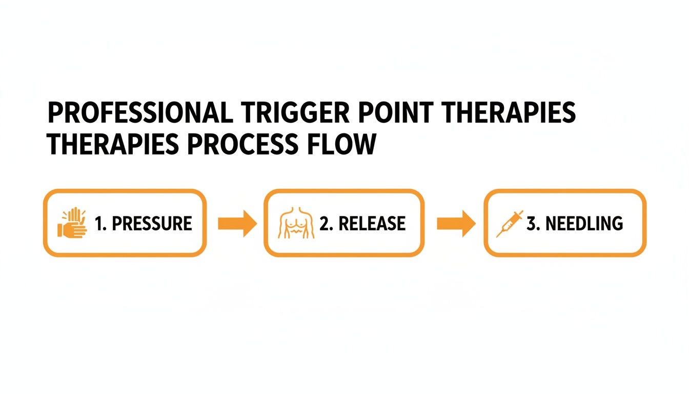A professional trigger point therapy process flow outlining steps: Pressure (hands icon), Release (torso icon), and Needling (syringe icon).