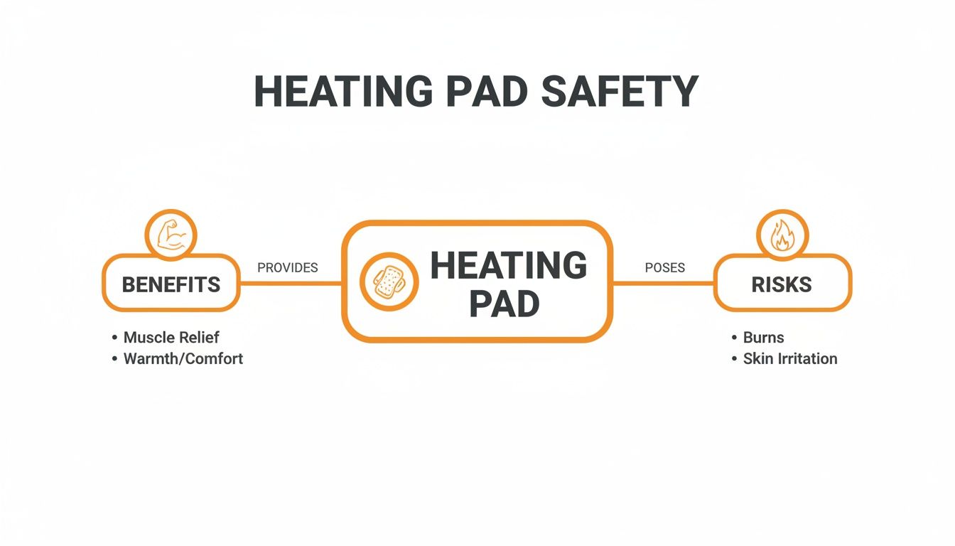 Diagram illustrating the benefits and risks of using a heating pad, including muscle relief and burns.
