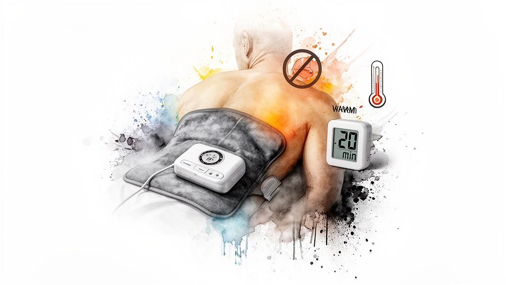 Person applying a heating pad to their back, with symbols indicating warmth, a 20-minute timer, and pain relief.