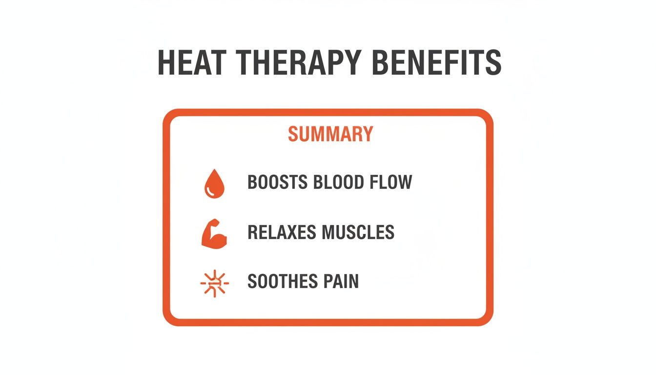 An infographic showing heat therapy benefits: boosts blood flow, relaxes muscles, and soothes pain.