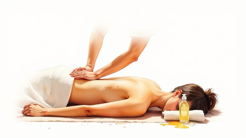 A person applying a heat pack to their lower back for pain relief.