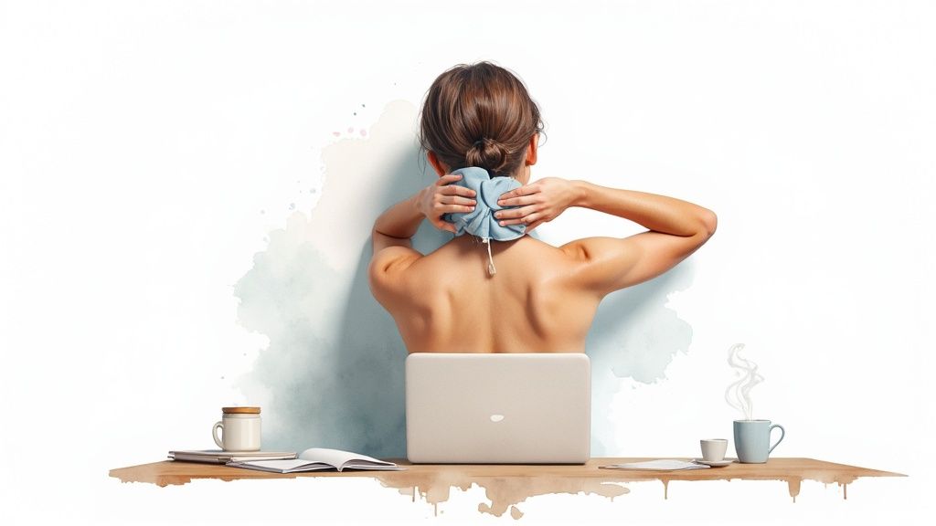 Woman from behind using a heat pack on her neck at a desk with a laptop and coffee.